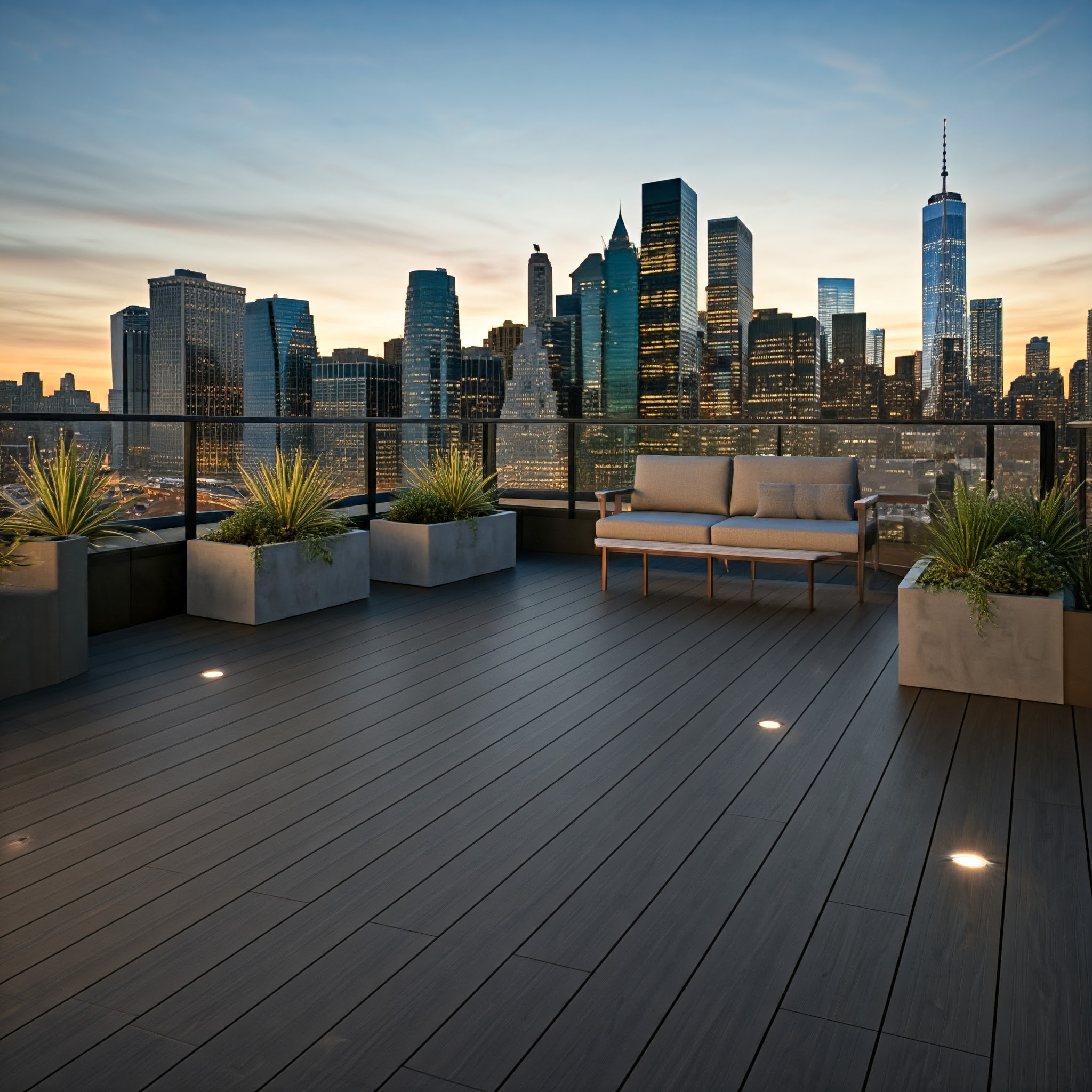 A modern minimalist rooftop deck featuring sleek composite flooring, comfortable seating, stylish concrete planters with greenery, and a panoramic view of the New York City skyline at sunset.